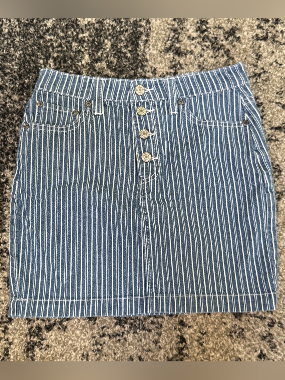 Dickies Blue and White Vertical-Striped Mini Skirt